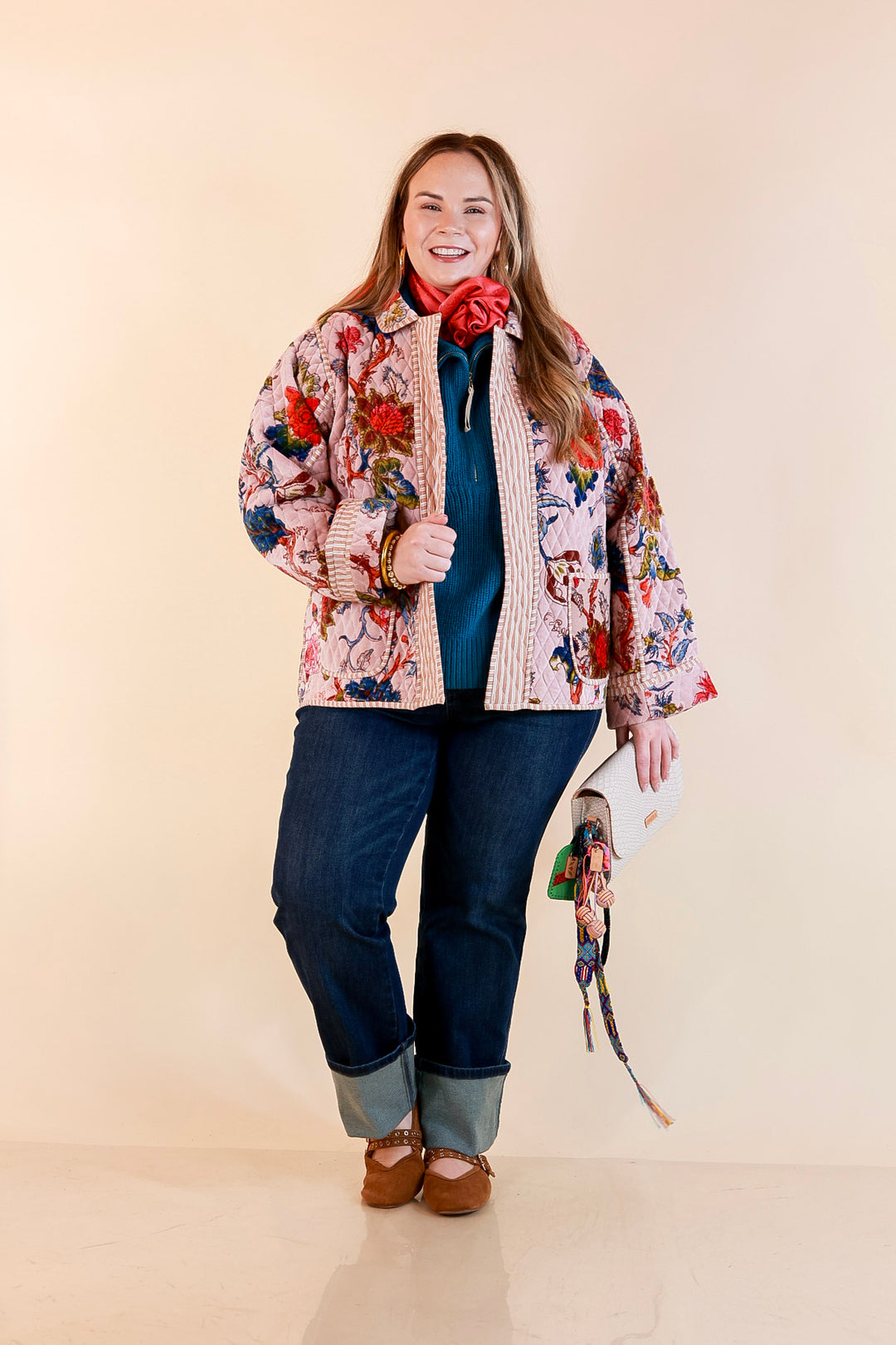 The Grand Tour Quilted Velvet Floral Print Collared Jacket with Striped Trim in Blush Pink