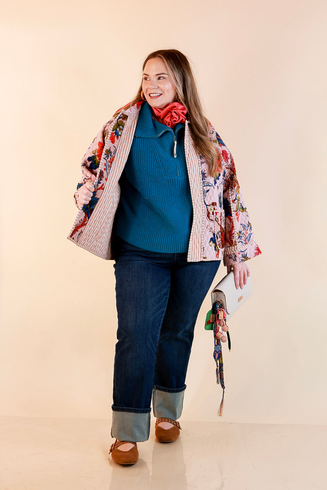 The Grand Tour Quilted Velvet Floral Print Collared Jacket with Striped Trim in Blush Pink