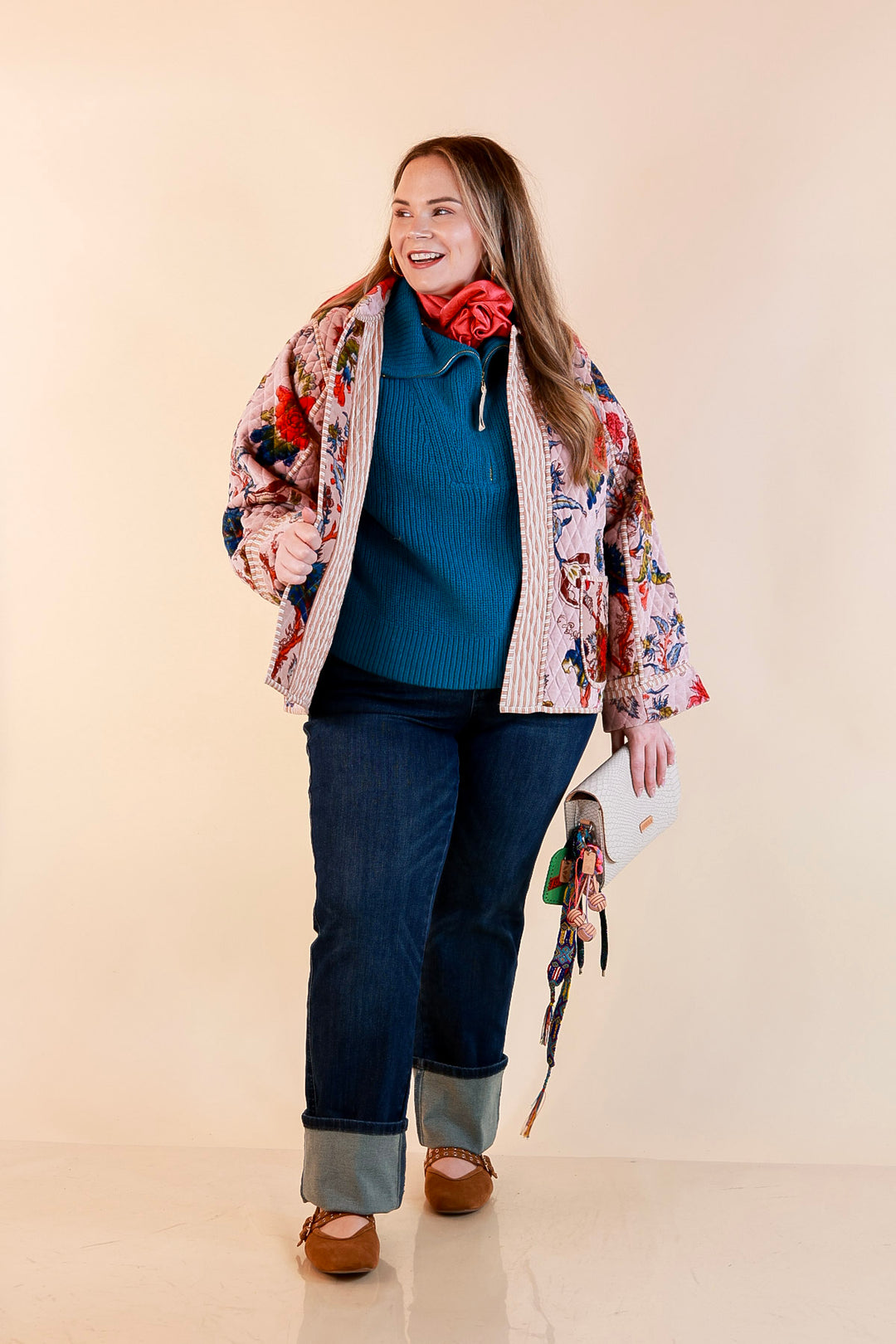 The Grand Tour Quilted Velvet Floral Print Collared Jacket with Striped Trim in Blush Pink