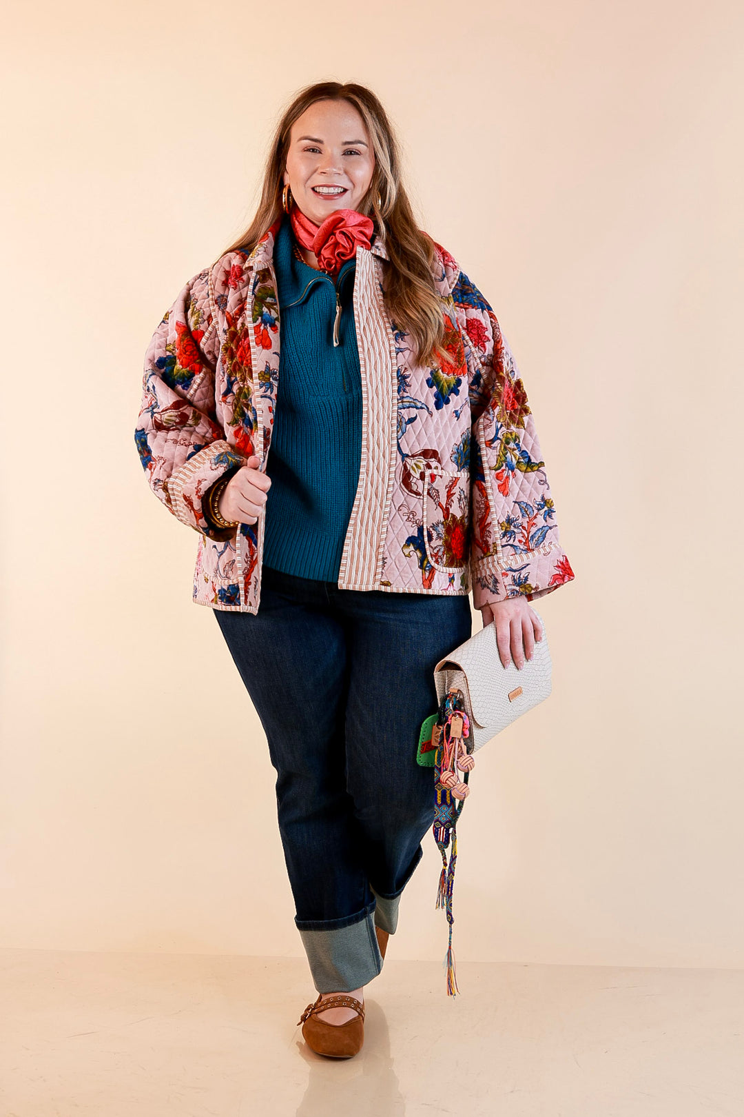 The Grand Tour Quilted Velvet Floral Print Collared Jacket with Striped Trim in Blush Pink