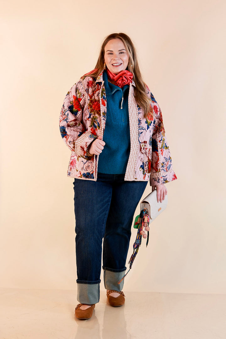 The Grand Tour Quilted Velvet Floral Print Collared Jacket with Striped Trim in Blush Pink