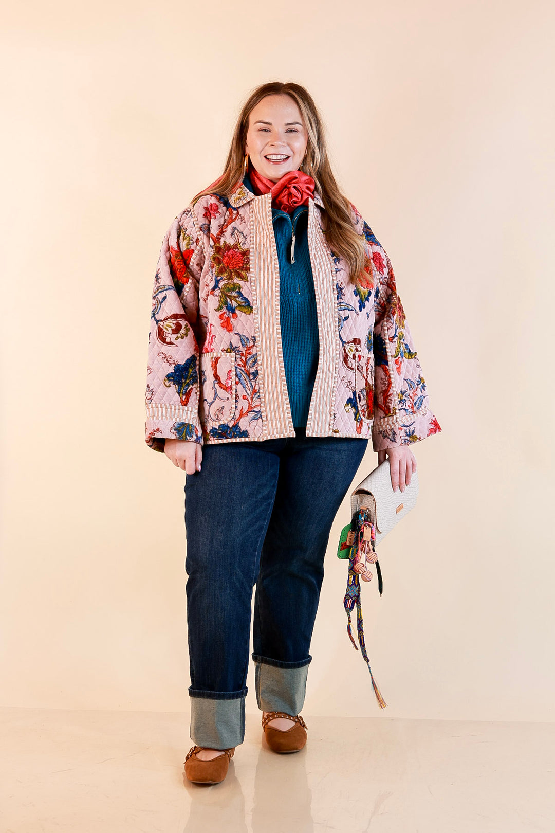 The Grand Tour Quilted Velvet Floral Print Collared Jacket with Striped Trim in Blush Pink