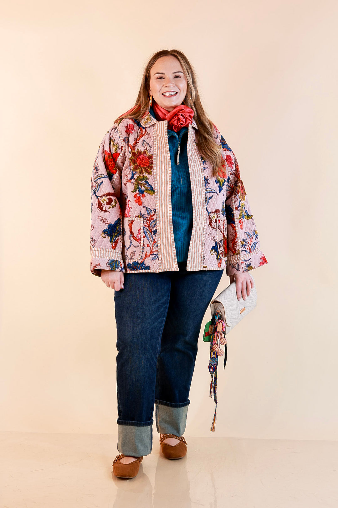 The Grand Tour Quilted Velvet Floral Print Collared Jacket with Striped Trim in Blush Pink