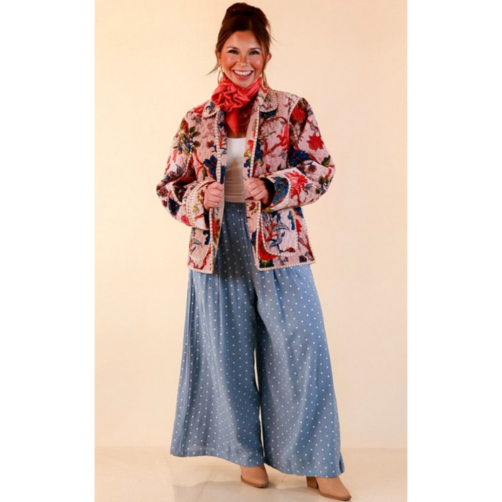 The Grand Tour Quilted Velvet Floral Print Collared Jacket with Striped Trim in Blush Pink