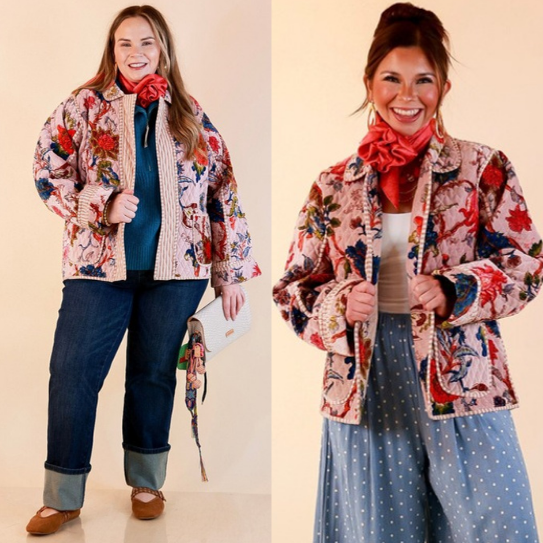 The Grand Tour Quilted Velvet Floral Print Collared Jacket with Striped Trim in Blush Pink