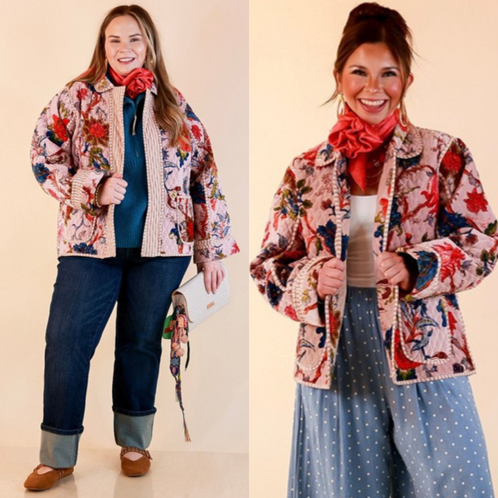 The Grand Tour Quilted Velvet Floral Print Collared Jacket with Striped Trim in Blush Pink