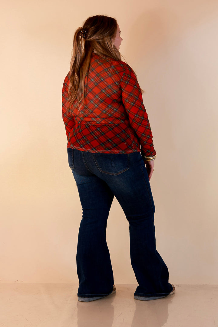 Fancy &amp; Co | The Perfect Layer Tartan Plaid Print Sheer Mesh Long Sleeve Top in Red