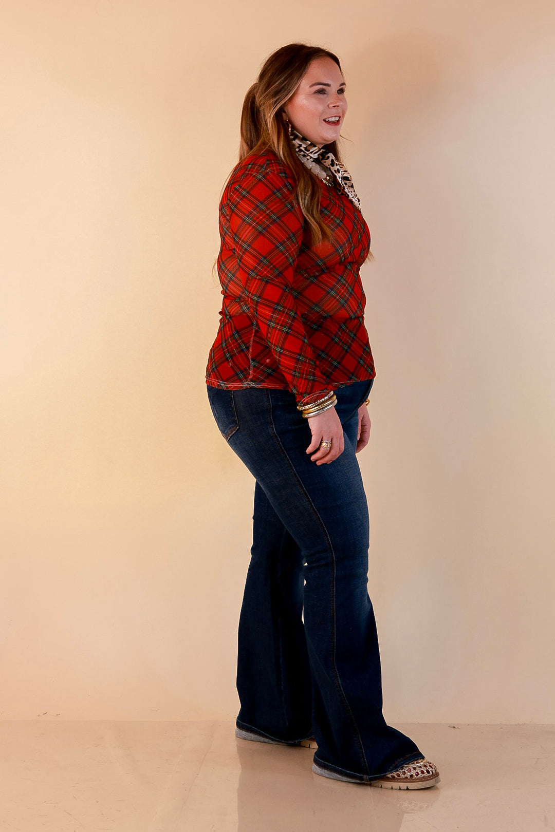 Fancy &amp; Co | The Perfect Layer Tartan Plaid Print Sheer Mesh Long Sleeve Top in Red