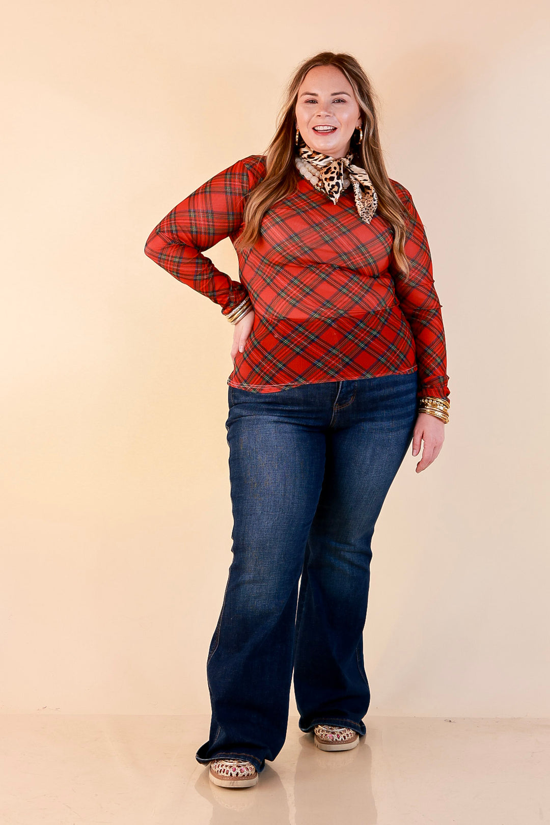 Fancy &amp; Co | The Perfect Layer Tartan Plaid Print Sheer Mesh Long Sleeve Top in Red