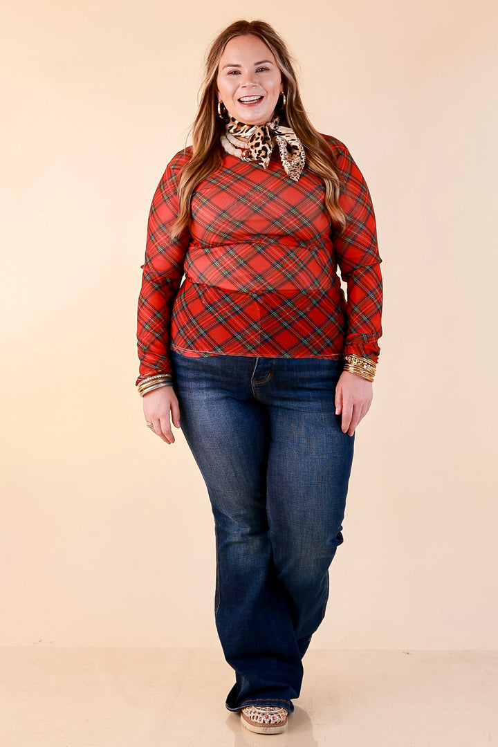 Fancy &amp; Co | The Perfect Layer Tartan Plaid Print Sheer Mesh Long Sleeve Top in Red