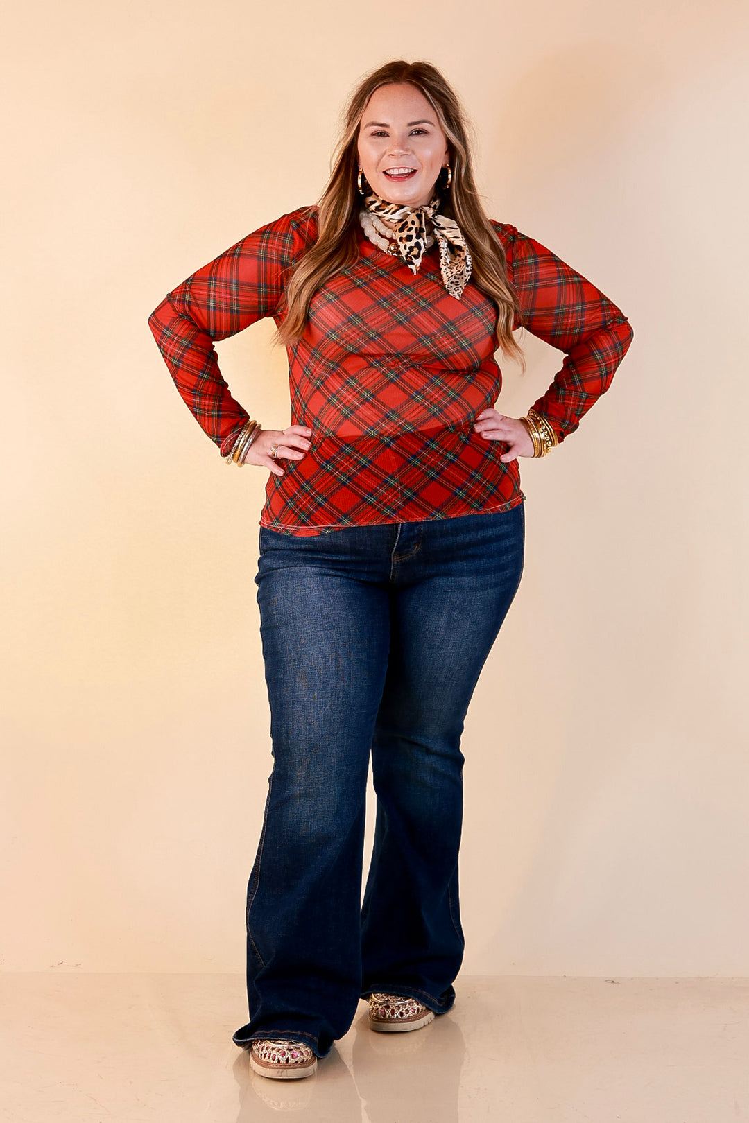 Fancy &amp; Co | The Perfect Layer Tartan Plaid Print Sheer Mesh Long Sleeve Top in Red