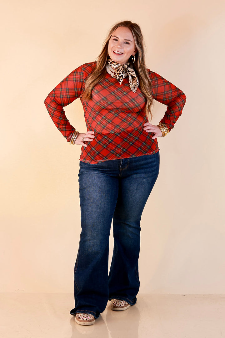 Fancy &amp; Co | The Perfect Layer Tartan Plaid Print Sheer Mesh Long Sleeve Top in Red