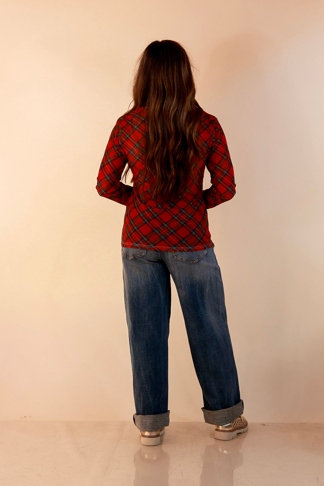 Fancy &amp; Co | The Perfect Layer Tartan Plaid Print Sheer Mesh Long Sleeve Top in Red