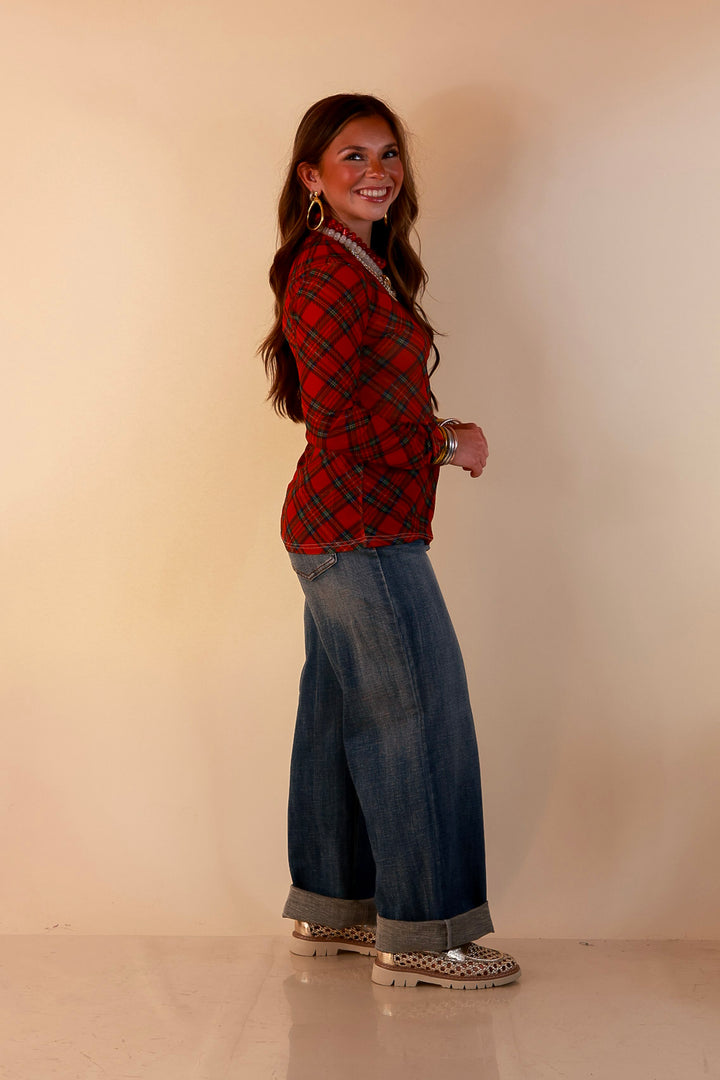 Fancy &amp; Co | The Perfect Layer Tartan Plaid Print Sheer Mesh Long Sleeve Top in Red