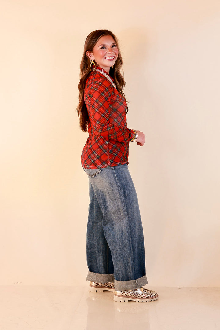 Fancy &amp; Co | The Perfect Layer Tartan Plaid Print Sheer Mesh Long Sleeve Top in Red