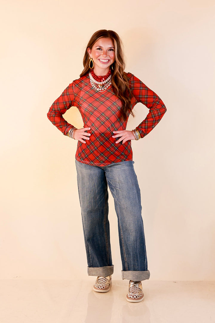 Fancy &amp; Co | The Perfect Layer Tartan Plaid Print Sheer Mesh Long Sleeve Top in Red