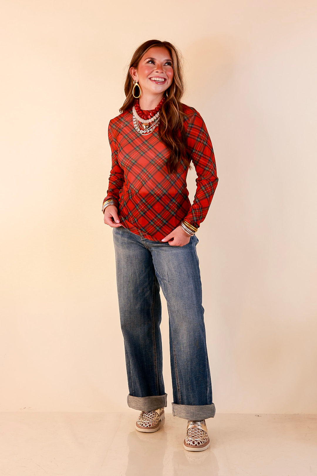 Fancy &amp; Co | The Perfect Layer Tartan Plaid Print Sheer Mesh Long Sleeve Top in Red