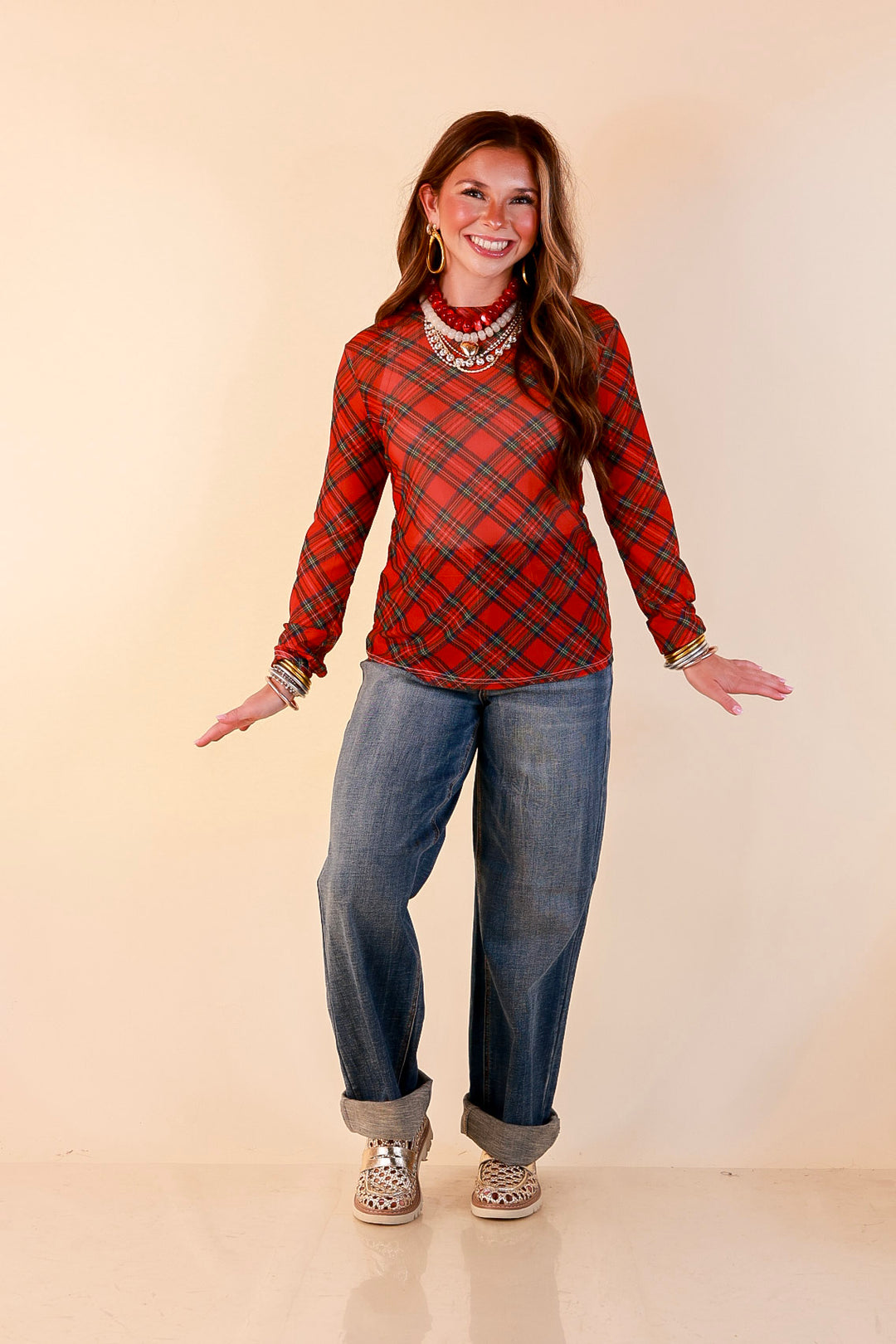 Fancy &amp; Co | The Perfect Layer Tartan Plaid Print Sheer Mesh Long Sleeve Top in Red