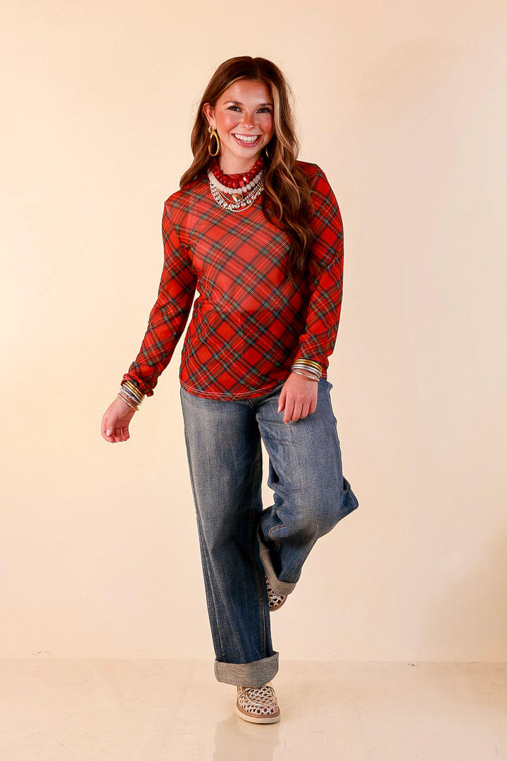 Fancy &amp; Co | The Perfect Layer Tartan Plaid Print Sheer Mesh Long Sleeve Top in Red