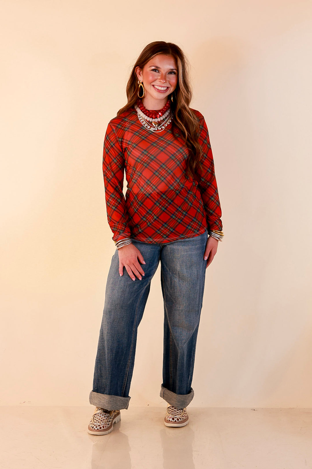 Fancy &amp; Co | The Perfect Layer Tartan Plaid Print Sheer Mesh Long Sleeve Top in Red