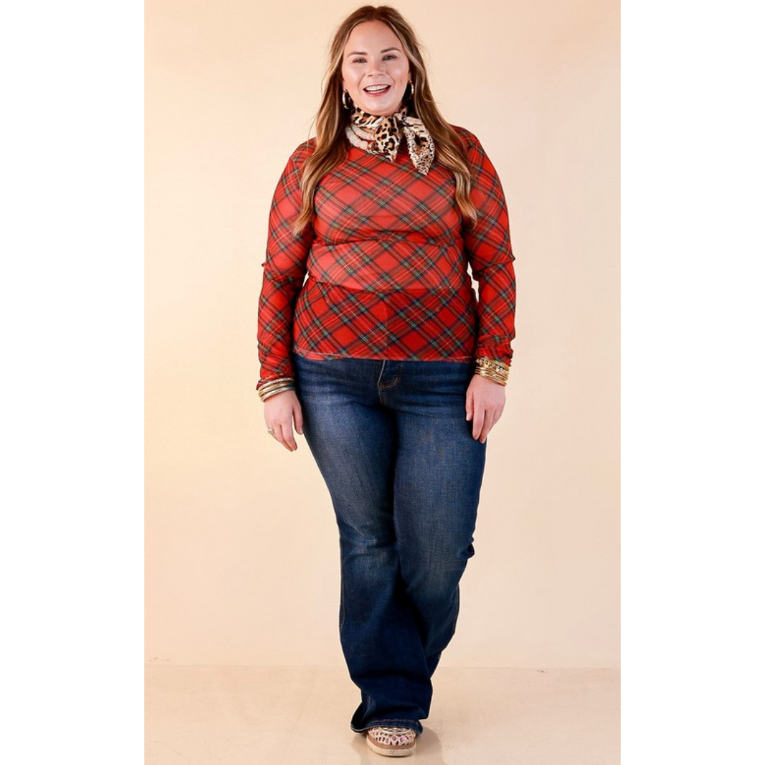 Fancy &amp; Co | The Perfect Layer Tartan Plaid Print Sheer Mesh Long Sleeve Top in Red