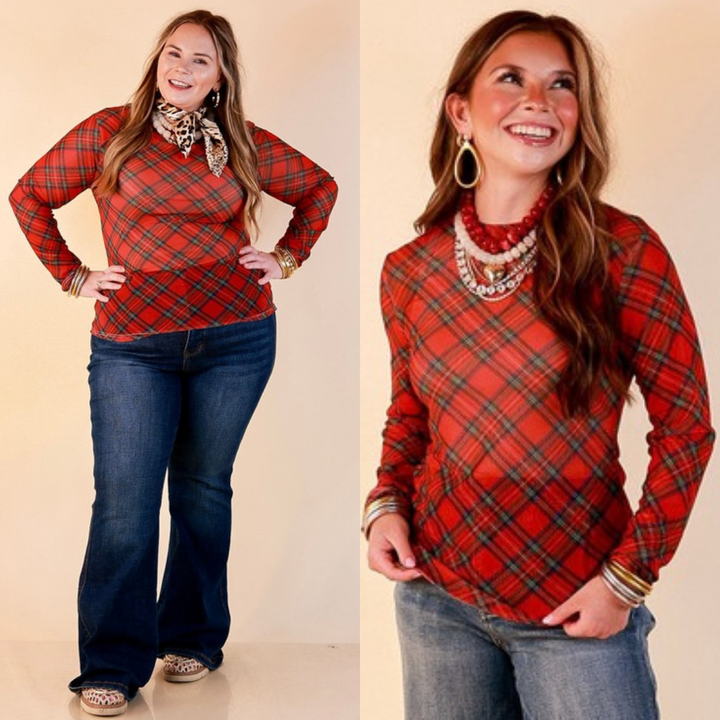 Fancy &amp; Co | The Perfect Layer Tartan Plaid Print Sheer Mesh Long Sleeve Top in Red