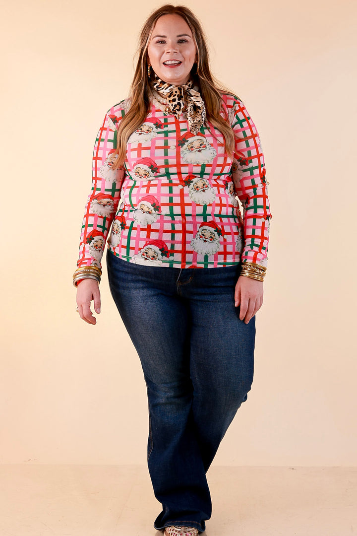 Fancy &amp; Co | The Perfect Layer Vintage Santa Plaid Print Sheer Mesh Long Sleeve Top in Pink, Red and Green