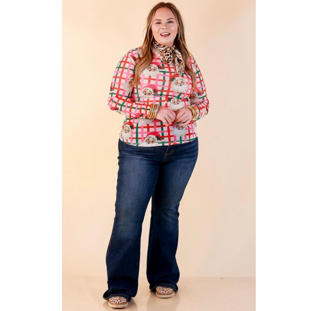 Fancy & Co | The Perfect Layer Vintage Santa Plaid Print Sheer Mesh Long Sleeve Top in Pink, Red and Green