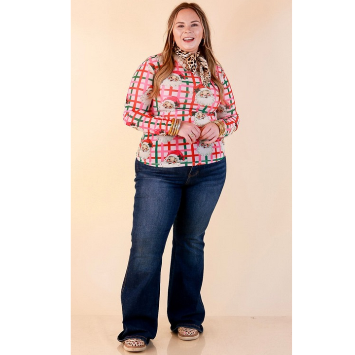 Fancy &amp; Co | The Perfect Layer Vintage Santa Plaid Print Sheer Mesh Long Sleeve Top in Pink, Red and Green