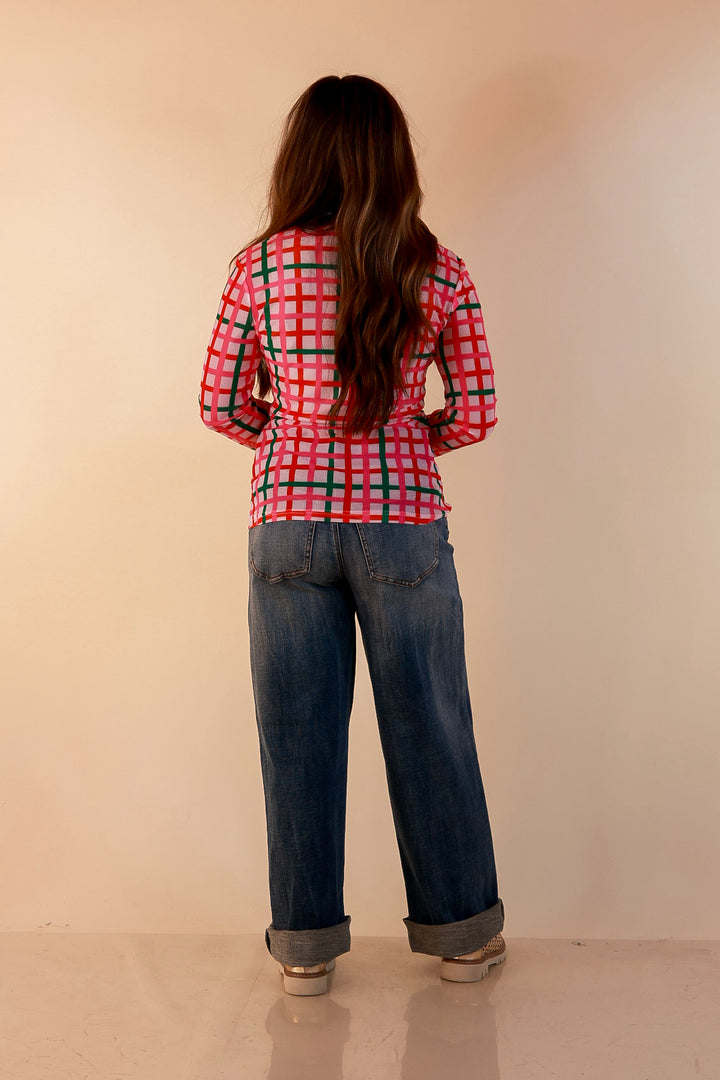 Fancy &amp; Co | The Perfect Layer Plaid Print Sheer Mesh Long Sleeve Top in Pink, Red and Green