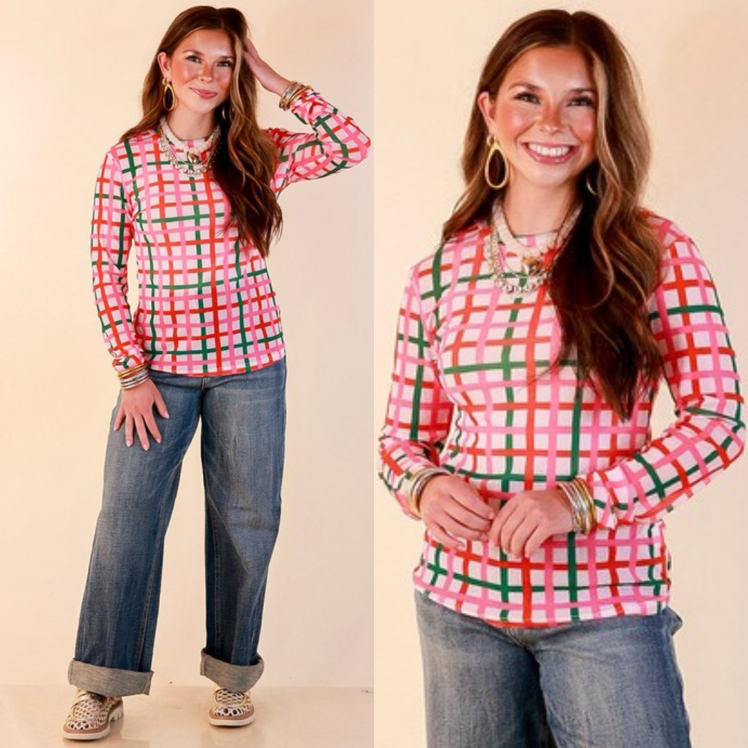 Fancy & Co | The Perfect Layer Plaid Print Sheer Mesh Long Sleeve Top in Pink, Red and Green