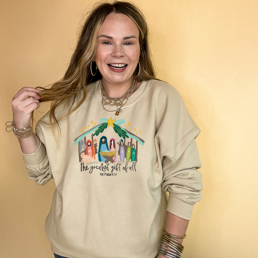 Online Exclusive | Matthew 1:21 Nativity Scene Graphic Sweatshirt in Multiple Color Options