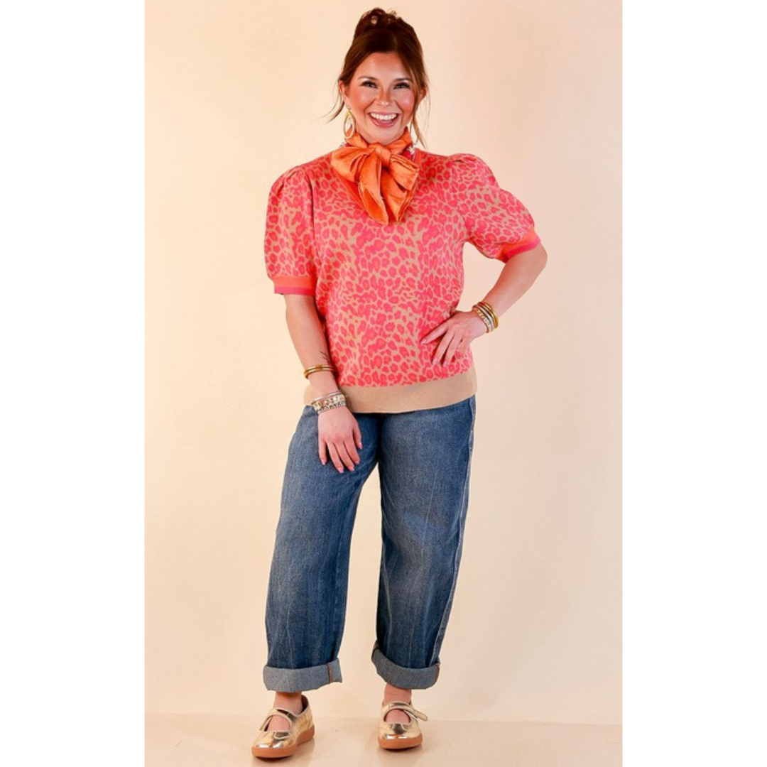 Tickled Pink Leopard Print Puff Sleeve Sweater Top with Contrast Trim in Pink and Tan