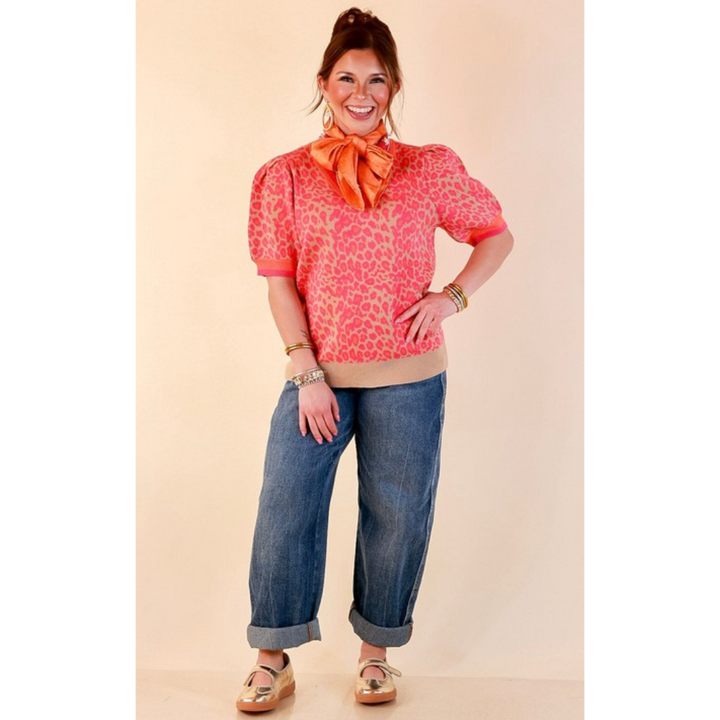 Tickled Pink Leopard Print Puff Sleeve Sweater Top with Contrast Trim in Pink and Tan