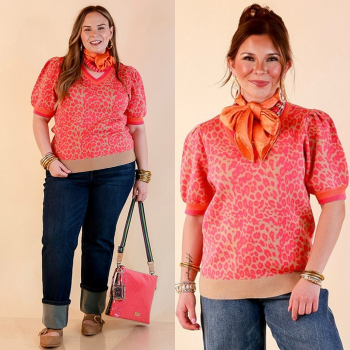 Tickled Pink Leopard Print Puff Sleeve Sweater Top with Contrast Trim in Pink and Tan