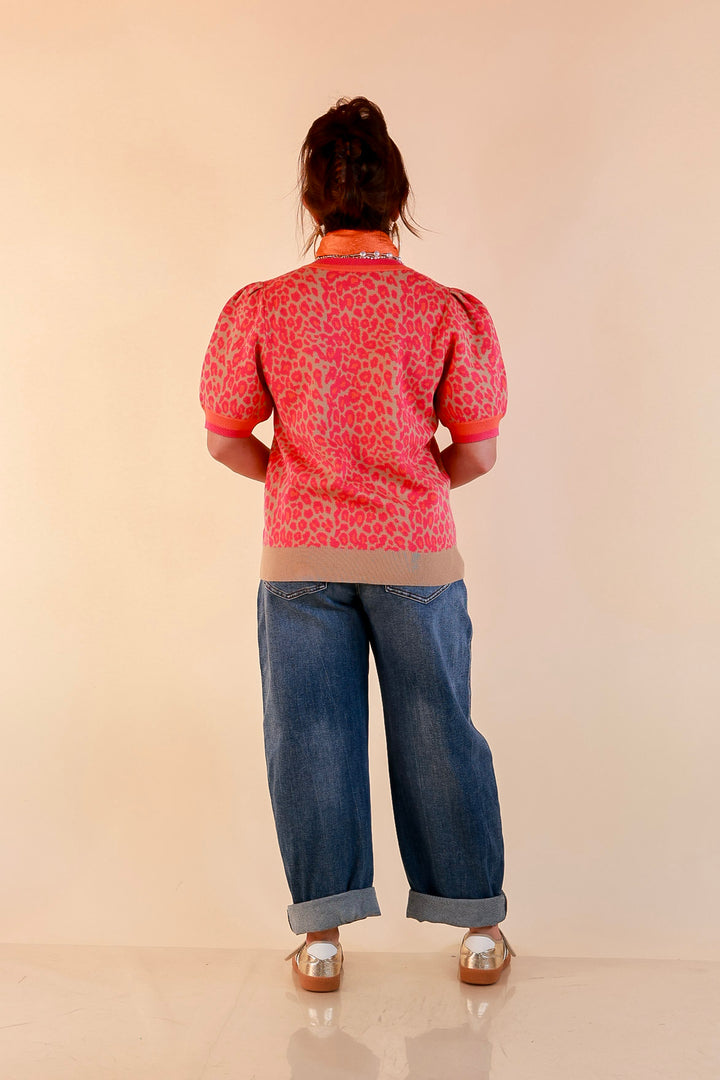 Tickled Pink Leopard Print Puff Sleeve Sweater Top with Contrast Trim in Pink and Tan