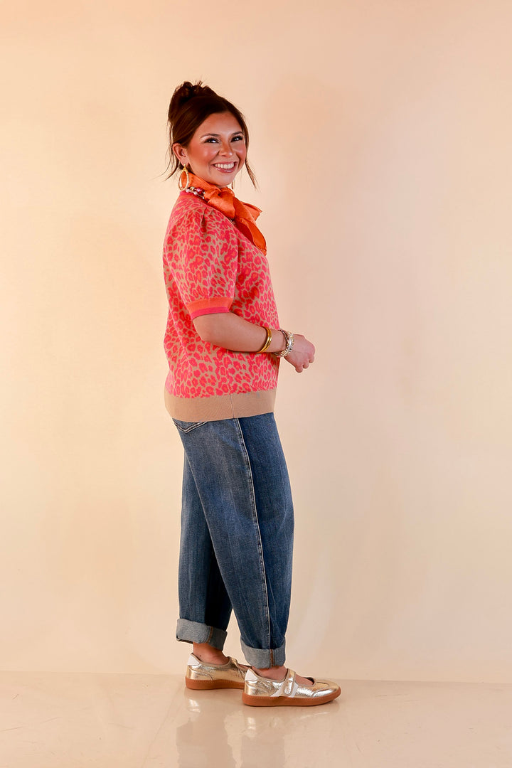 Tickled Pink Leopard Print Puff Sleeve Sweater Top with Contrast Trim in Pink and Tan