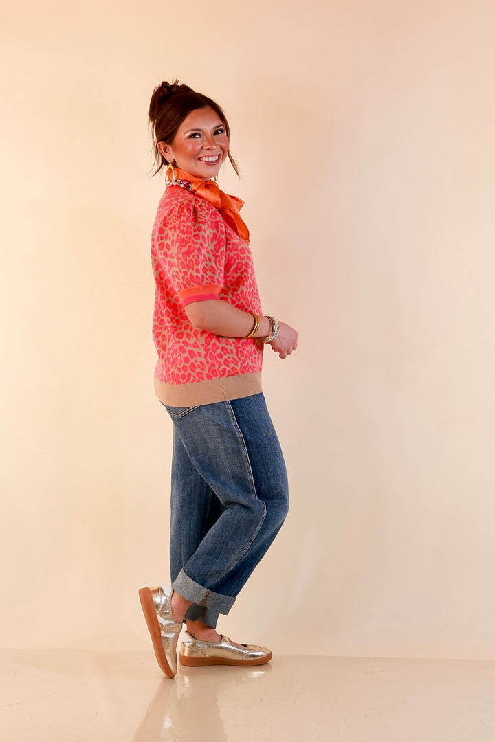 Tickled Pink Leopard Print Puff Sleeve Sweater Top with Contrast Trim in Pink and Tan