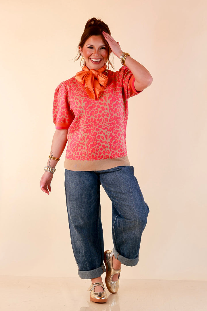 Tickled Pink Leopard Print Puff Sleeve Sweater Top with Contrast Trim in Pink and Tan