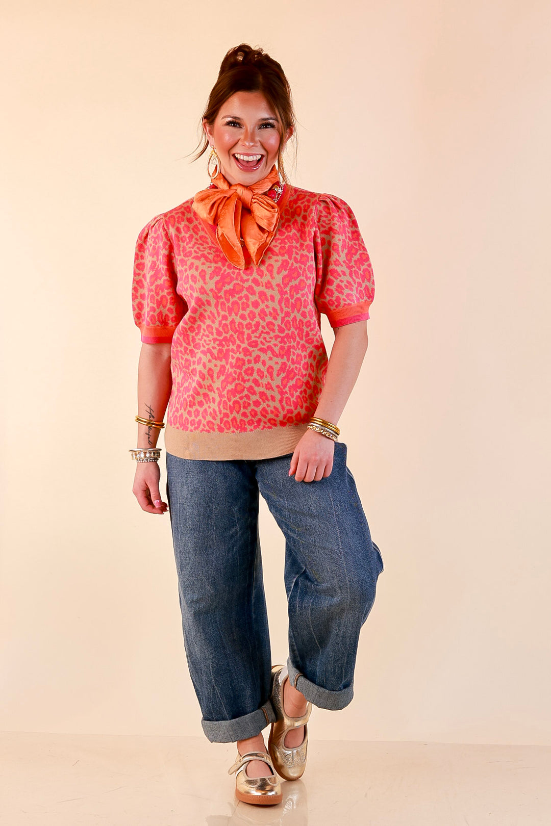 Tickled Pink Leopard Print Puff Sleeve Sweater Top with Contrast Trim in Pink and Tan