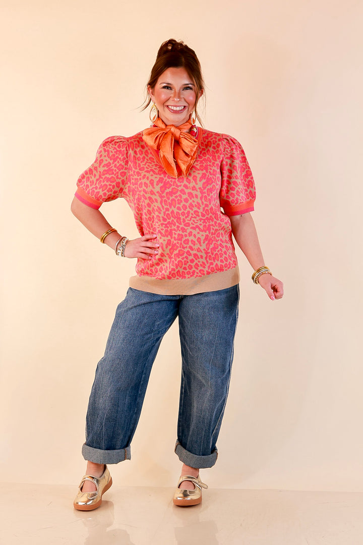 Tickled Pink Leopard Print Puff Sleeve Sweater Top with Contrast Trim in Pink and Tan