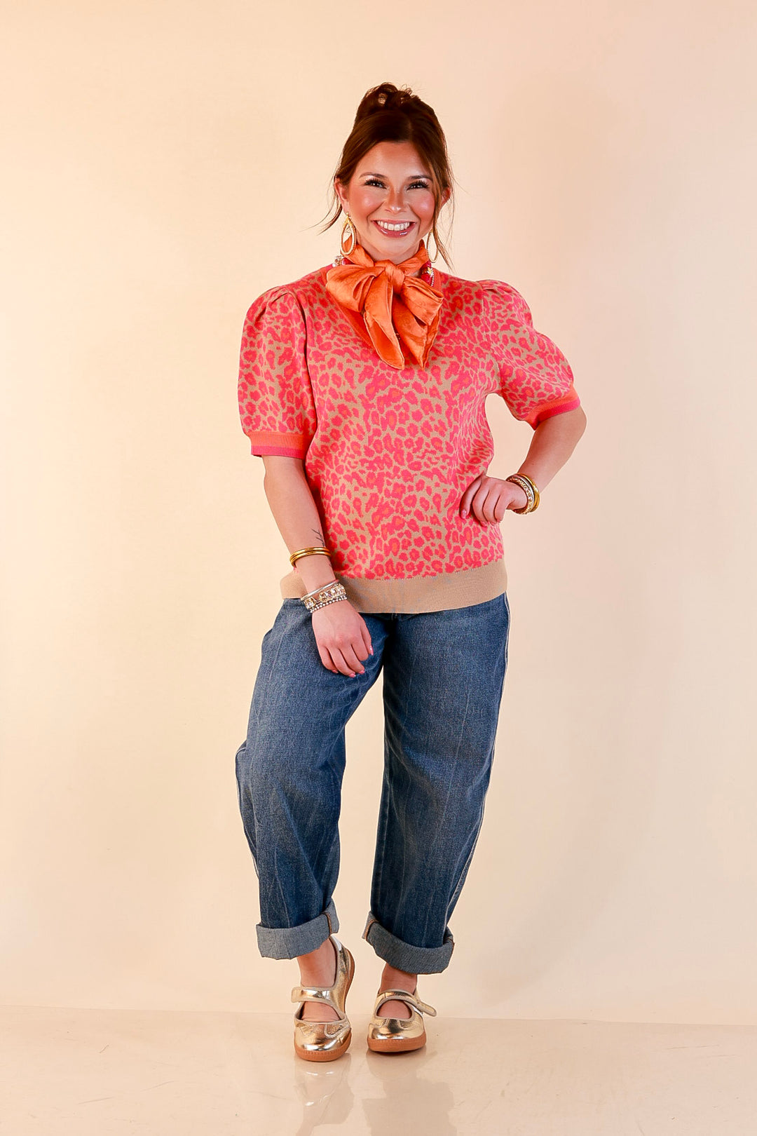 Tickled Pink Leopard Print Puff Sleeve Sweater Top with Contrast Trim in Pink and Tan