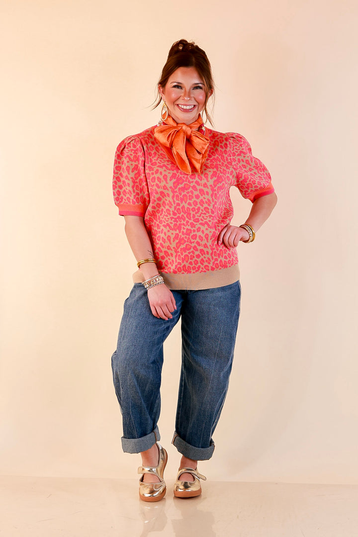 Tickled Pink Leopard Print Puff Sleeve Sweater Top with Contrast Trim in Pink and Tan