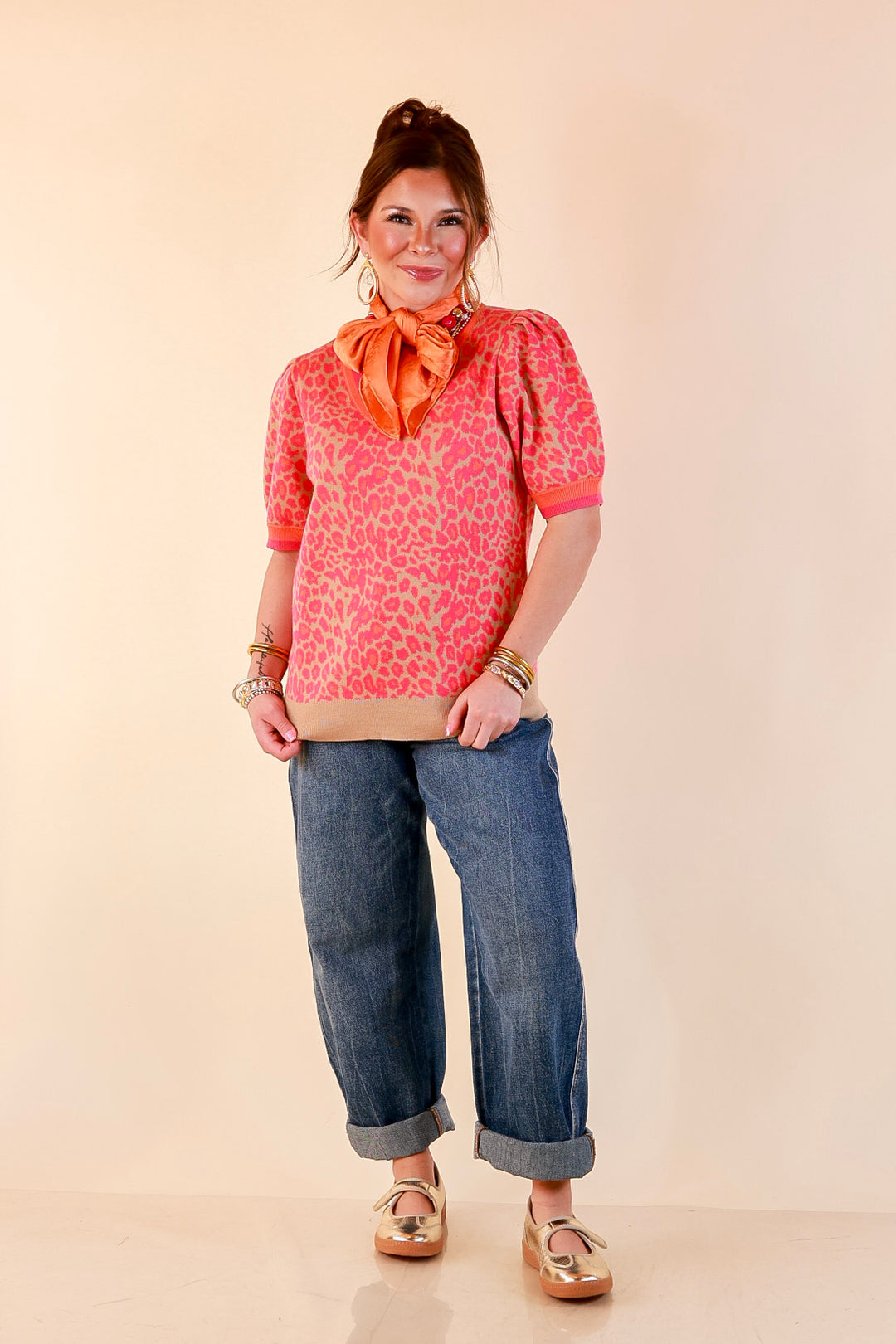 Tickled Pink Leopard Print Puff Sleeve Sweater Top with Contrast Trim in Pink and Tan