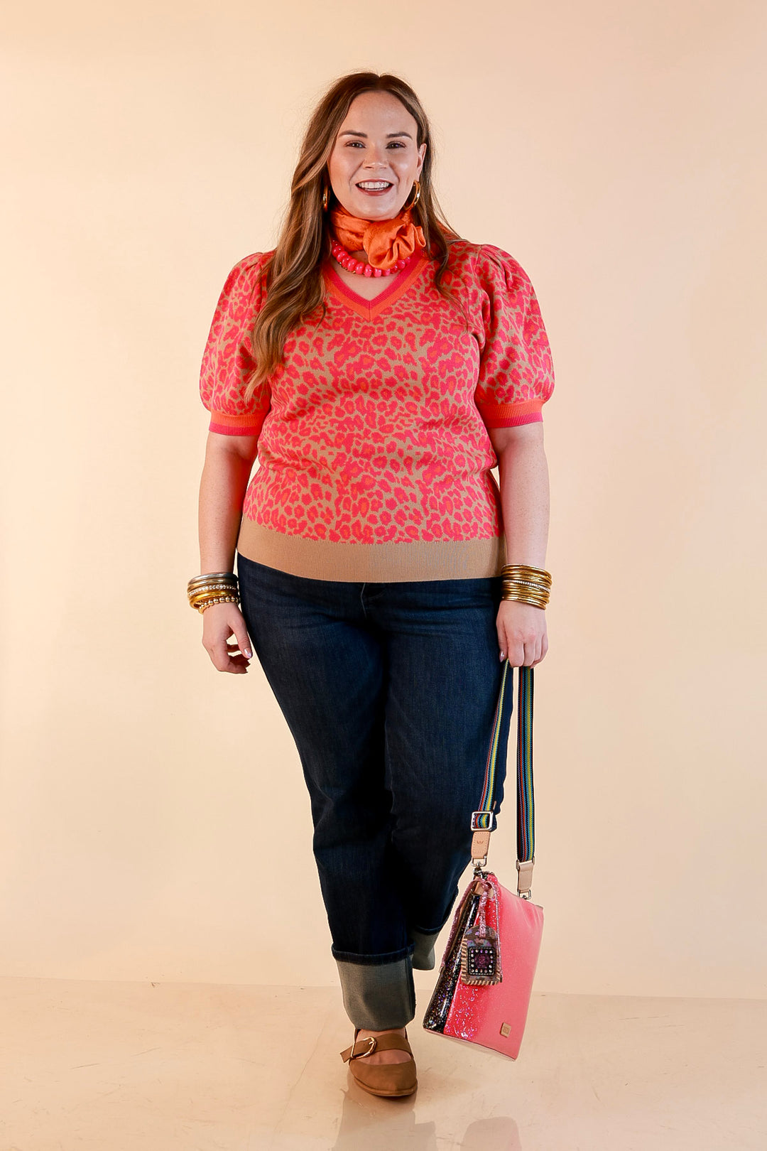 Tickled Pink Leopard Print Puff Sleeve Sweater Top with Contrast Trim in Pink and Tan