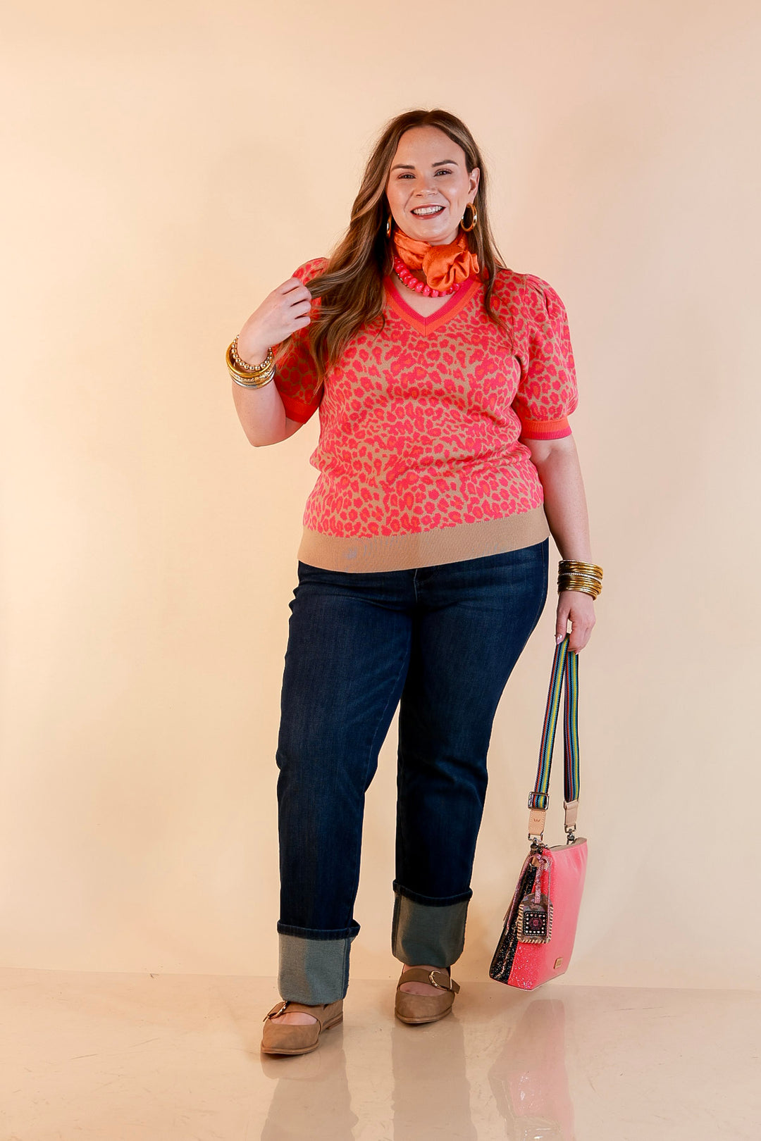 Tickled Pink Leopard Print Puff Sleeve Sweater Top with Contrast Trim in Pink and Tan