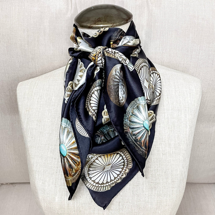 Fringe Scarves | Assorted Big Concho Wild Rag in Black and Silver