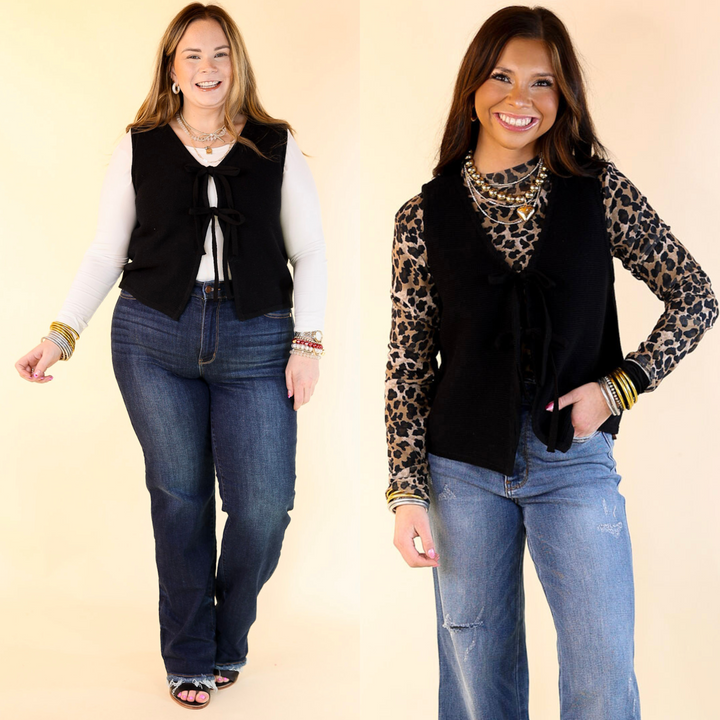 This chic, versatile vest features a flattering tie closure in the front, making it the perfect layering piece for any season. 