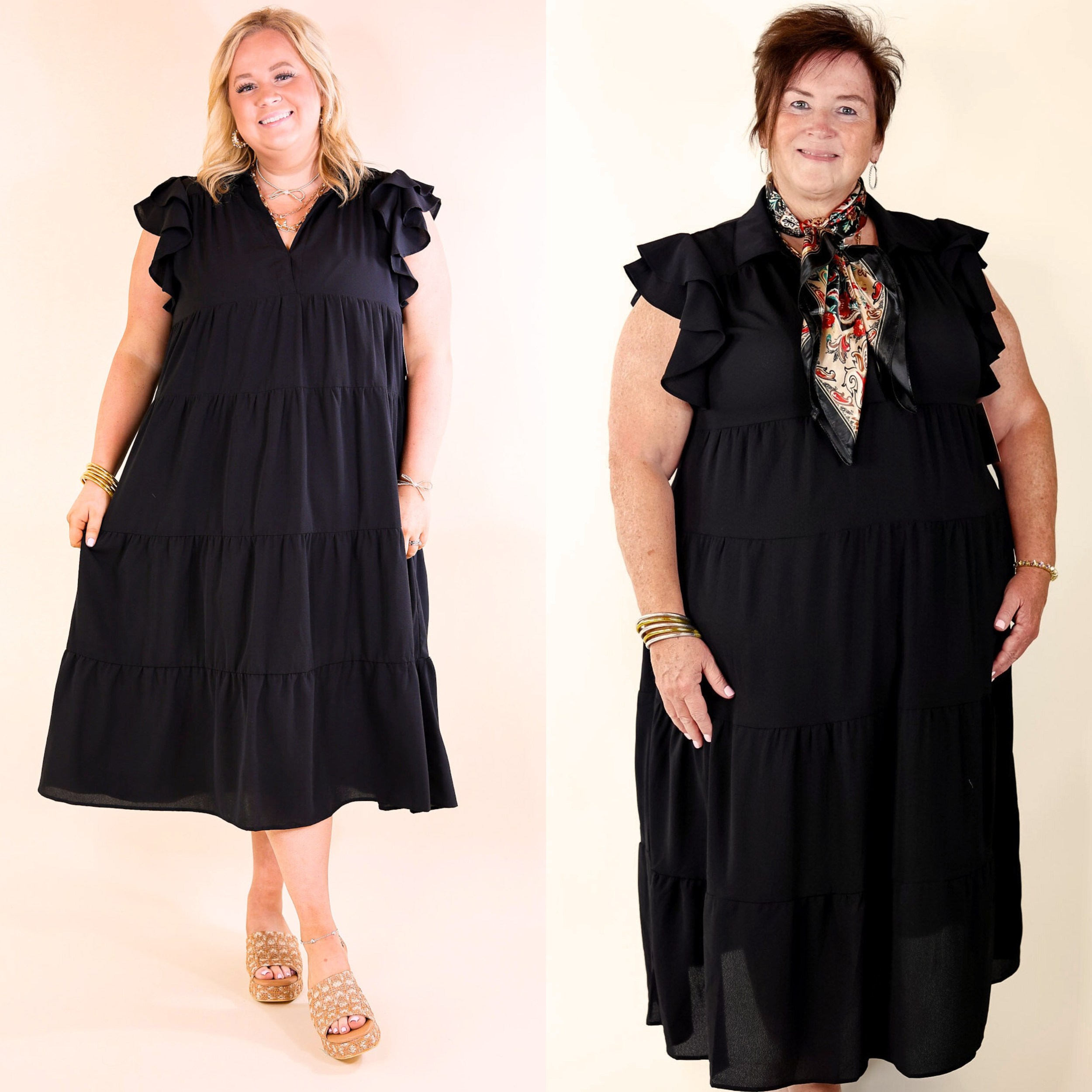All Of A Sudden Tiered Midi Dress with Ruffle Cap Sleeves in Black