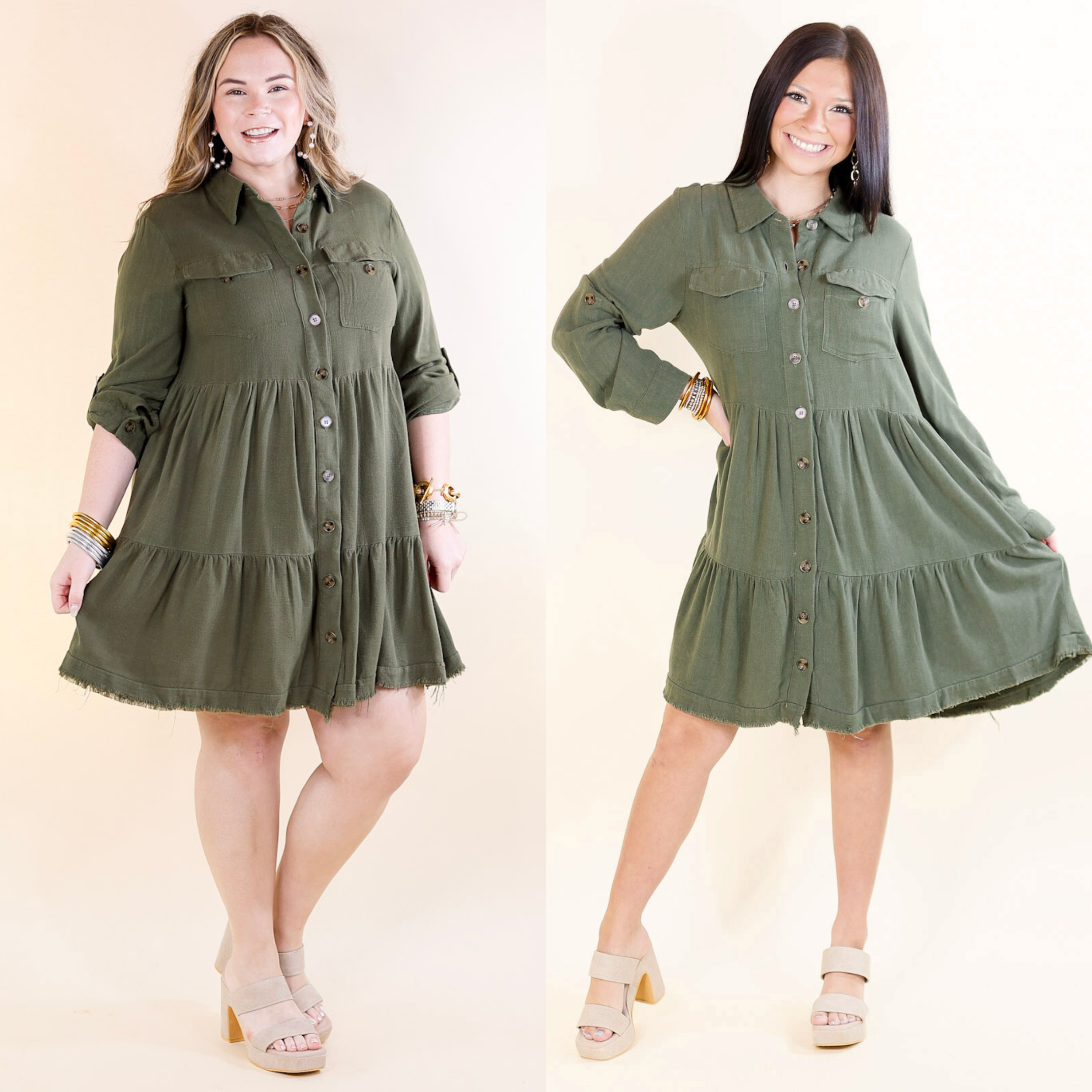 Chic Darling Ruffle Tiered Button Up Dress with Long Sleeves in Olive Green